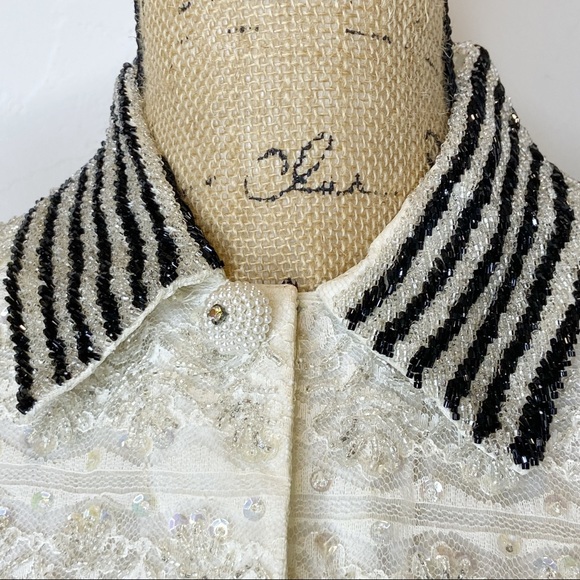 Vintage Belted Lace Button Up Shirt With Sequins and Beads - Picture 7 of 15